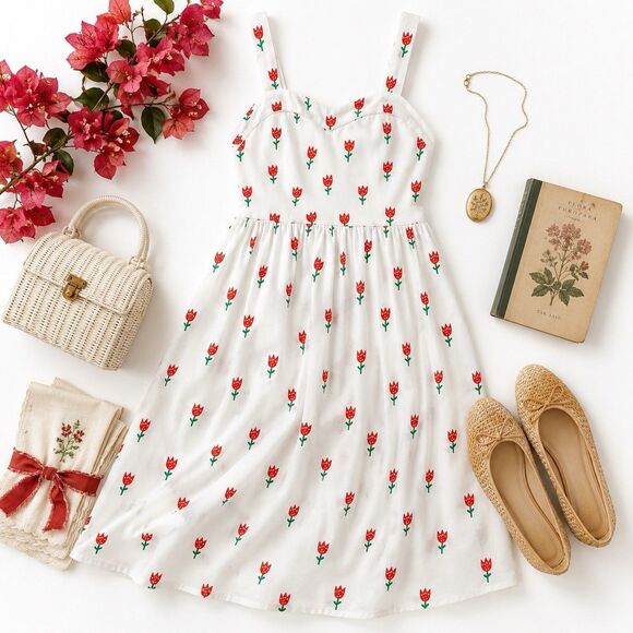 Sugar Bee Dresses & Skirts - Tulip Print Sundress Sweetheart Neck White Floral Cottagecore Summer Dress L